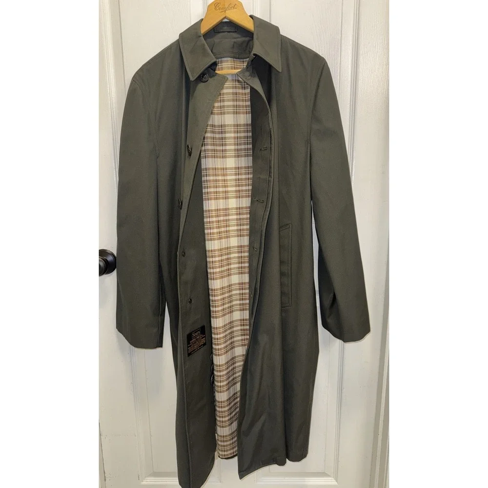 Vintage SEARS Perma Prest Trench Coat Hunter Green Button Liner Men's 40 USA 70s